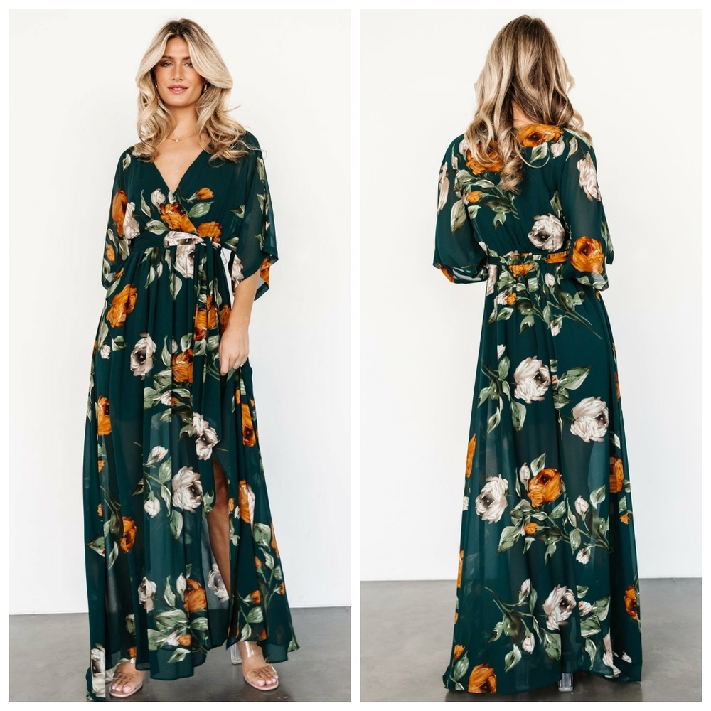 Baltic Born Emerald Green Floral Maxi Dress with Orange & Cream Blooms